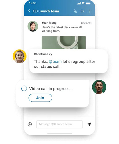 RingCentral mobile app interface displaying a conversation between two people and a notification that says a video call is in progress