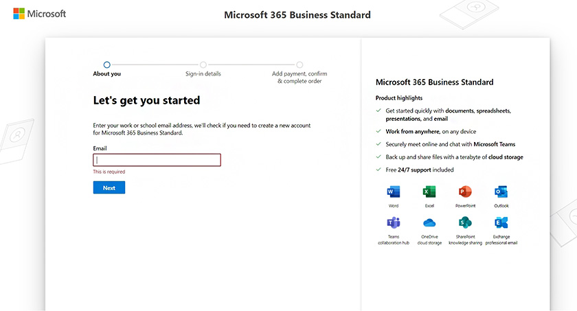Sign up screen for for Microsoft 365 business email setup