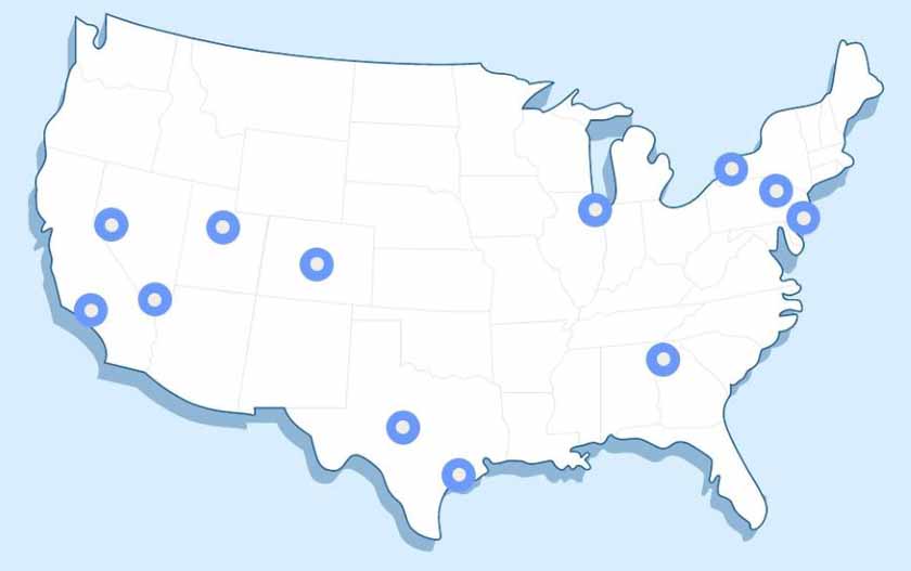 显示ShipNetwork在美国大陆仓库位置的地图。