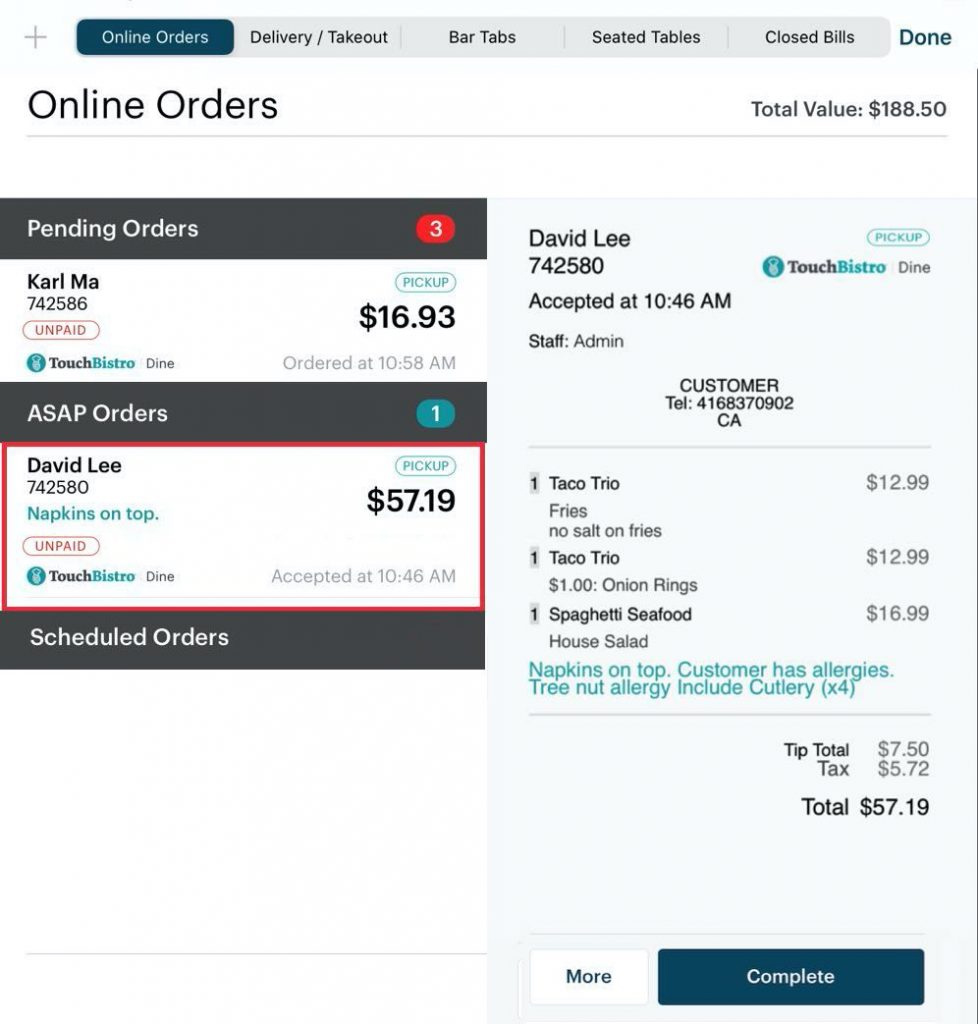 年代creen capture of TouchBistro POS online ordering screen with orders on left hand side and detailed receipt on right hand side.