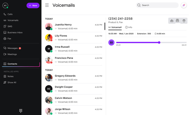 Vonage业务ss Communications interface showing a list of voicemails in one panel and a voicemail being played in another.