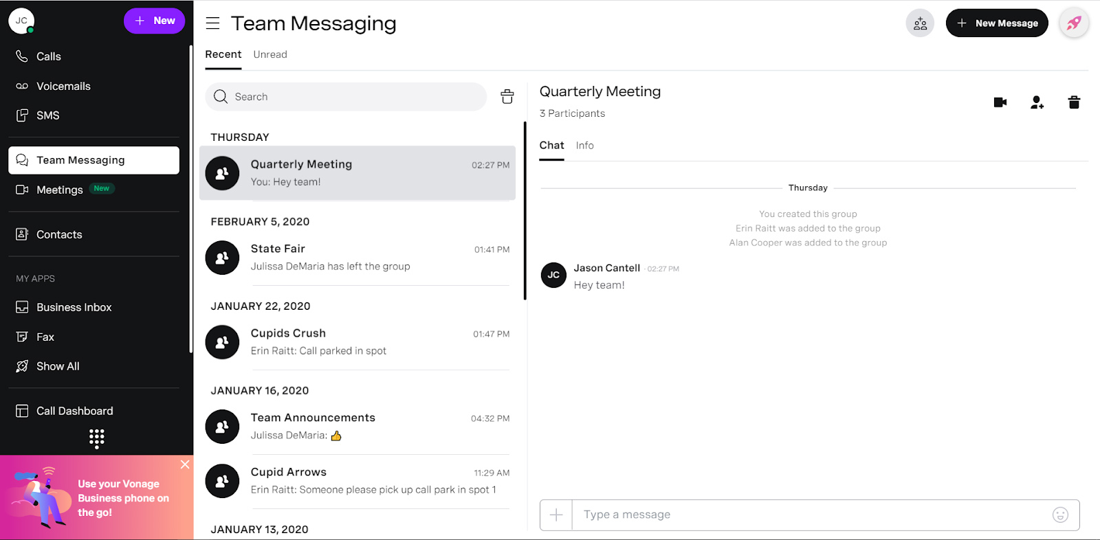 Vonage业务ss Communications team messaging feature showing a group chat named Quarterly Meeting.