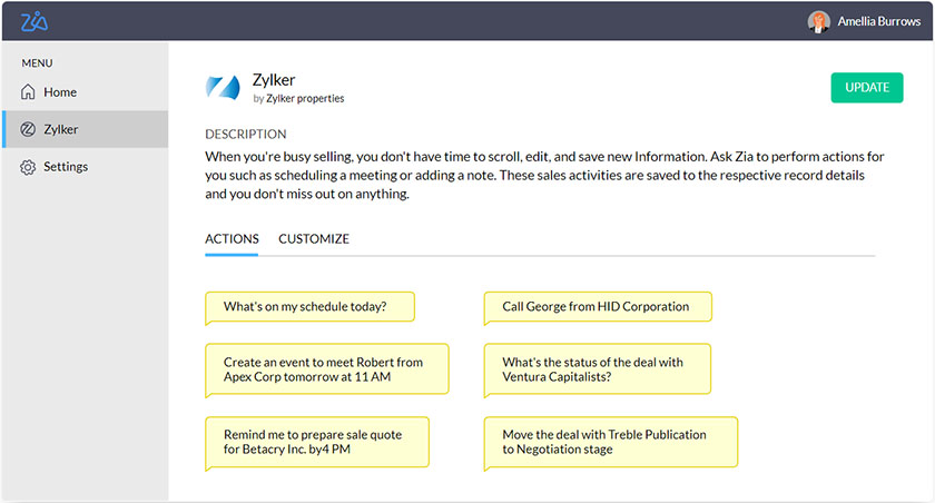 A screenshot showing how agents can ask Zoho CRM's conversational intelligent assistant Zia to perform actions