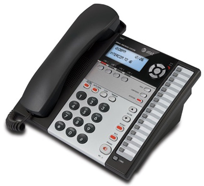 A black and white corded telephone with an 