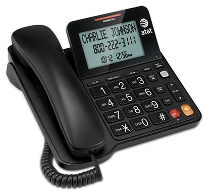 A black corded telephone that displays 