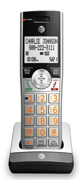 A black and white cordless telephone that displays 