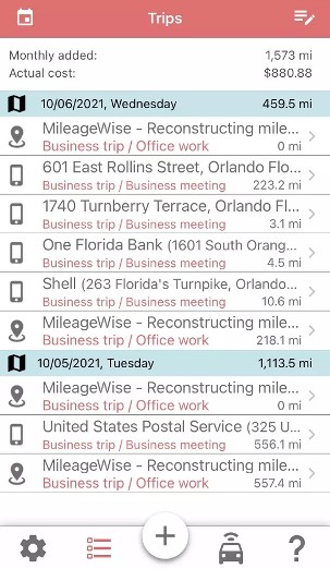 Image showing the interface of the MileageWise app along with the list of trips tracked.