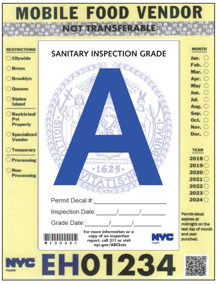 纽约市卫生局流动食品摊贩许可证空白副本。