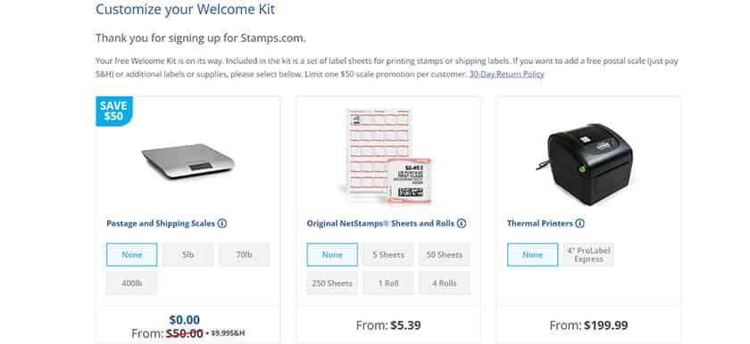 Screenshot of Stamps.com welcome kit with shipping supply options.
