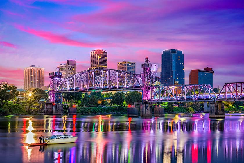 我mage of a city view of Little Rock, Arkansas, with a bridge across the water.