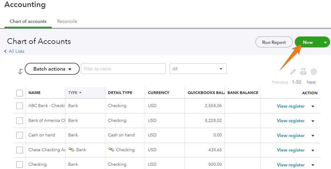Click new to access chart of accounts in QuickBooks Online