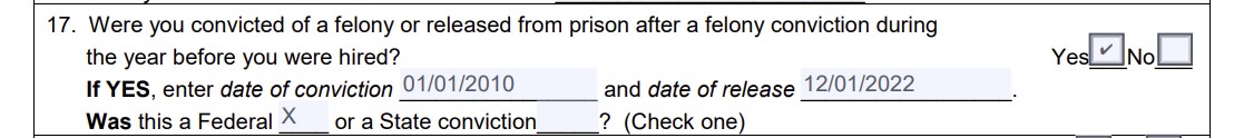 An example showing how a felon answered Question 17 on Form 9061.