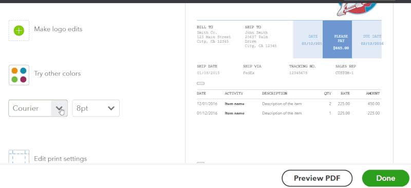 Screen showing where you can customize font style and size for your QuickBooks invoice.