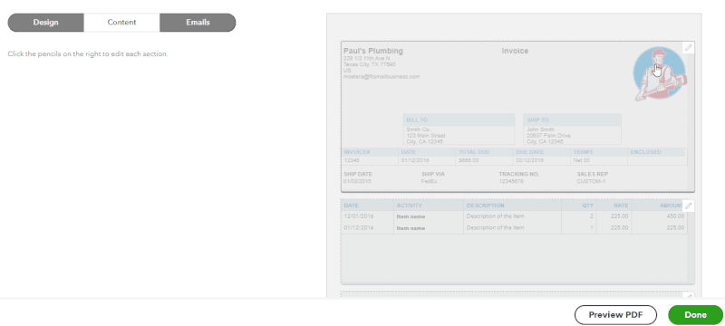 Screen showing how you can customize the content of your QuickBooks invoice.
