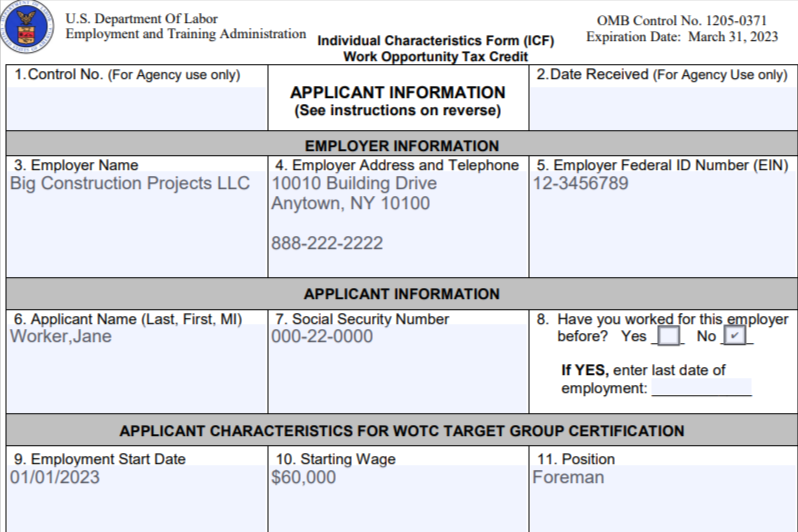 A sample showing DoL's Form 9061 completed by an employer.