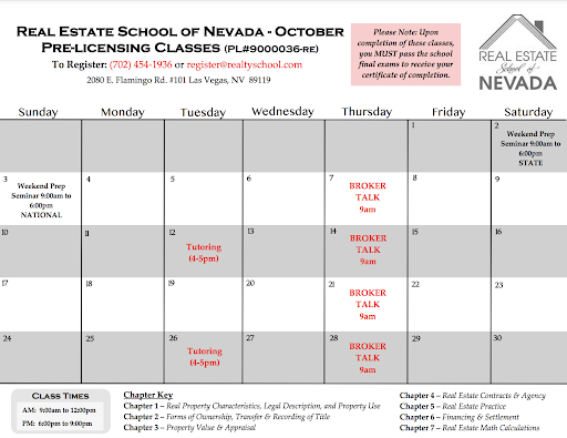 Course calendar with chapter key and scheduled classes and times