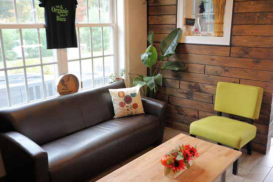 在果汁吧里，一张棕色的皮沙发和一把绿色的毛绒椅子围绕着一张咖啡桌。