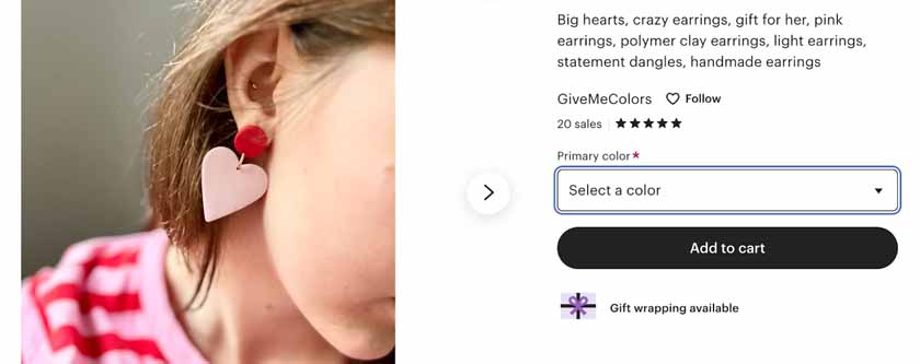 Screenshot etsy product pink heart dangling earring.