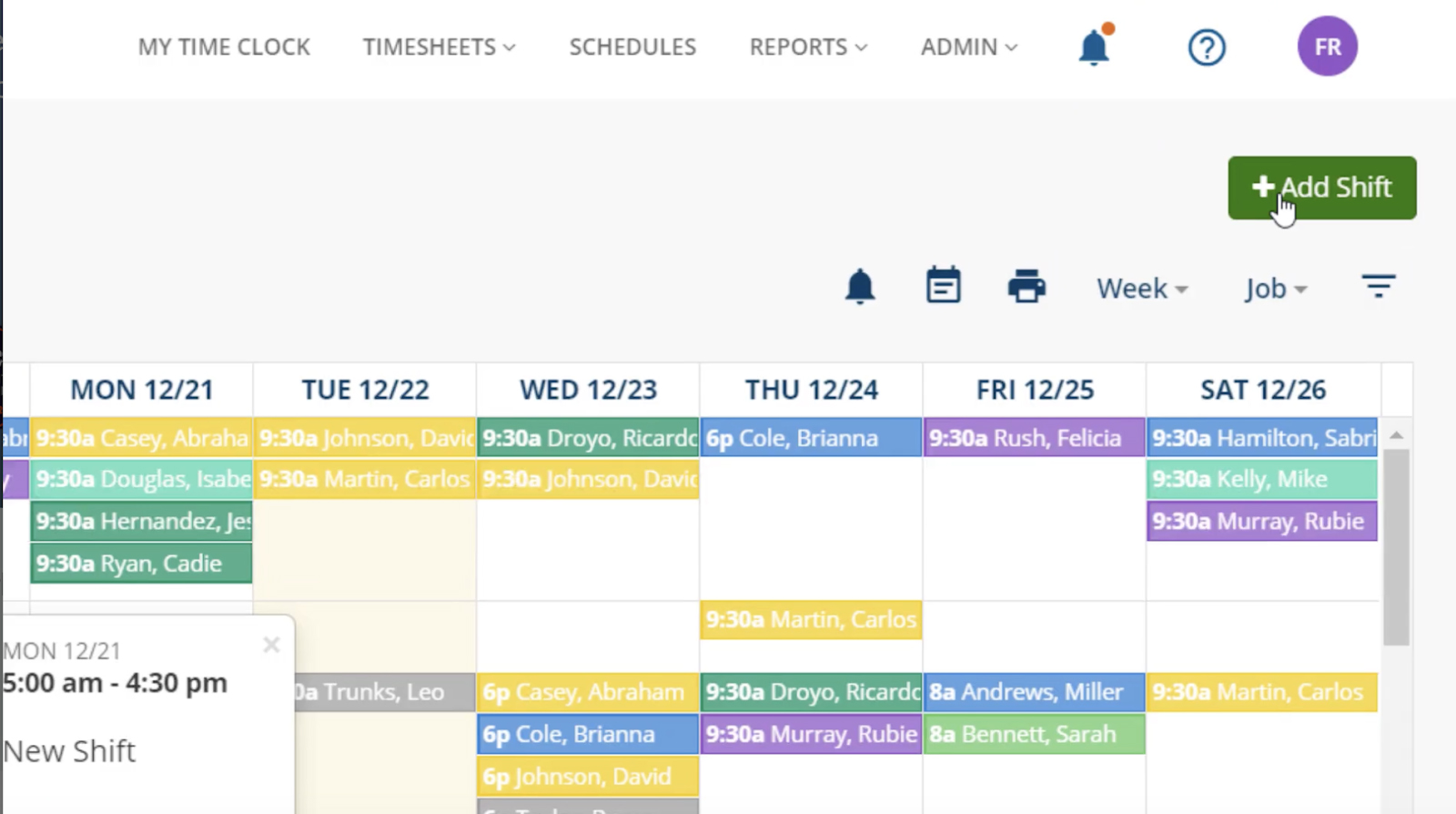Scheduling software interface showing different schedules and management features.