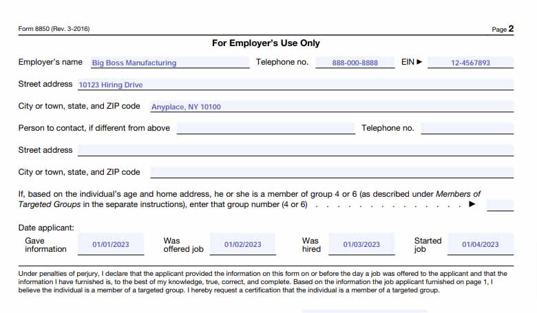 An example of Page 2 of Form 8850 filled in by an employer.