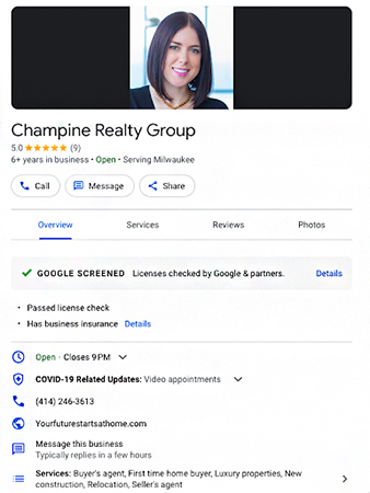 Example of a real estate agent Google profile, titled 