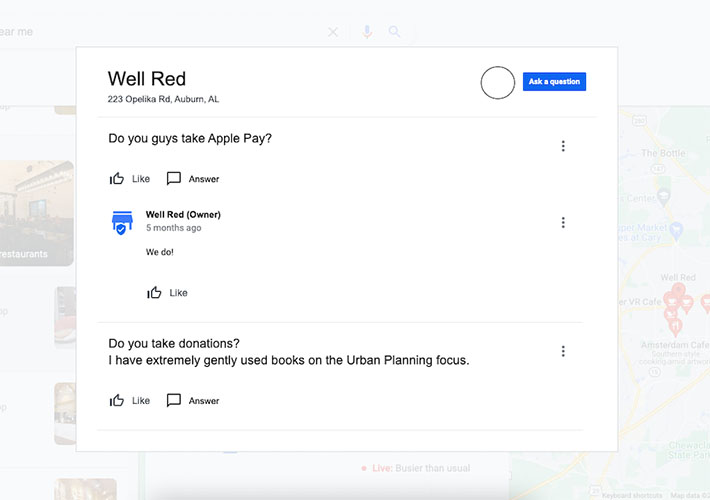 An example of a question on a cafe's GBP page