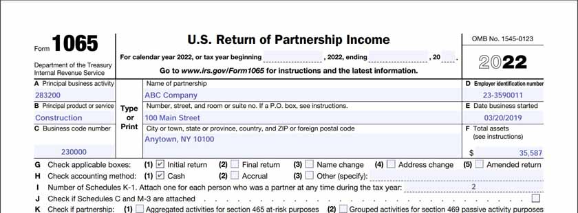 填妥的国税局表格1065，一般资料部分样本。