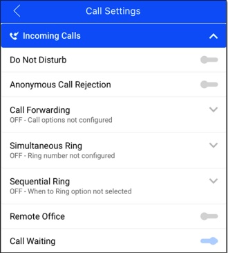Nextiva's incoming call settings, interface showing different options, such as 
