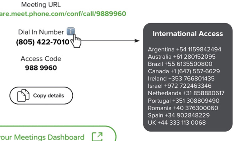 A screenshot of how to get international access to a dial-in number via Phone.com