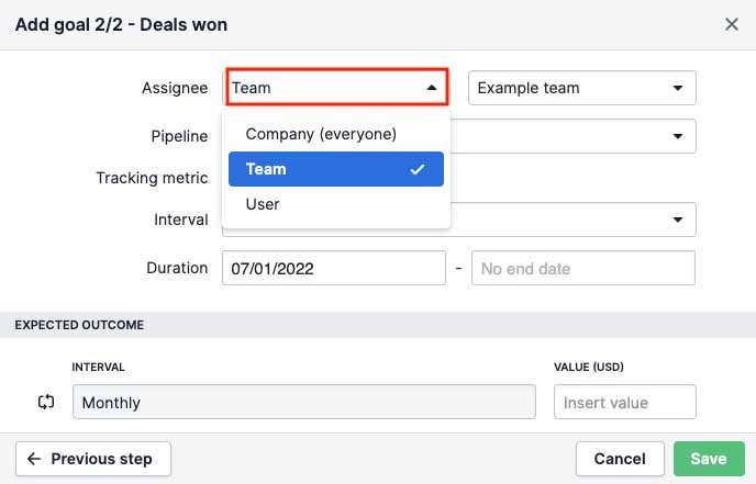 Creating a team deals-closed goal in Pipedrive.