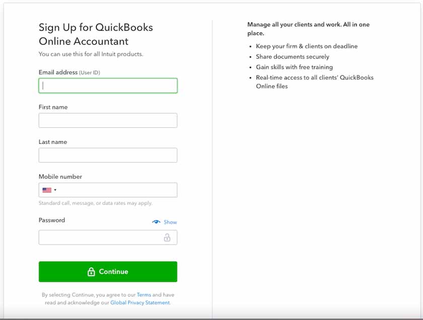 QuickBooks Online Accountant signup page which also signs you up for QuickBooks ProAdvisor.