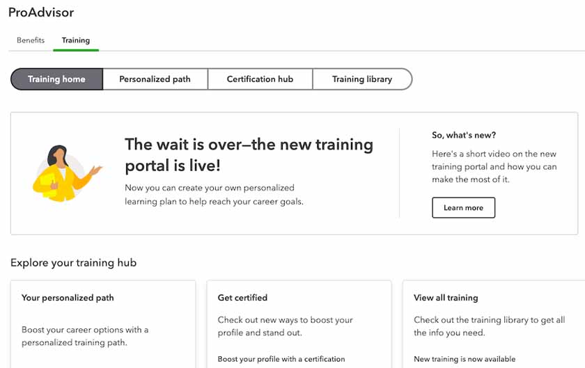 QuickBooks Online ProAdvisor new training portal with new tabs, including Personalized path and Certification hub.