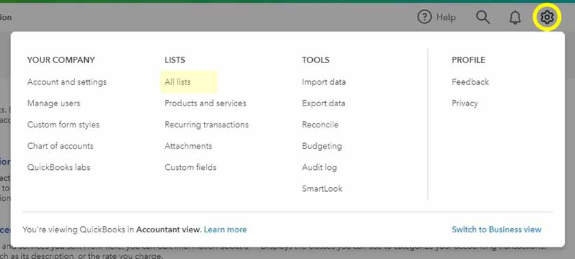Image showing QuickBooks Online settings with emphasis on Lists
