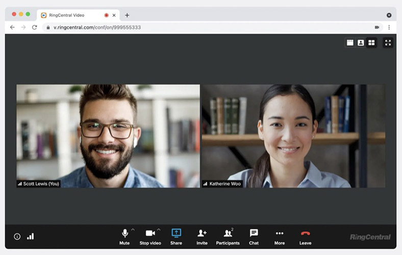 Two individuals participating in RingCentral's browser-based 1:1 video meeting interface.