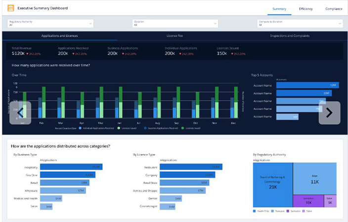 An example of an executive summary dashboard in Salesforce CRM Analytics.