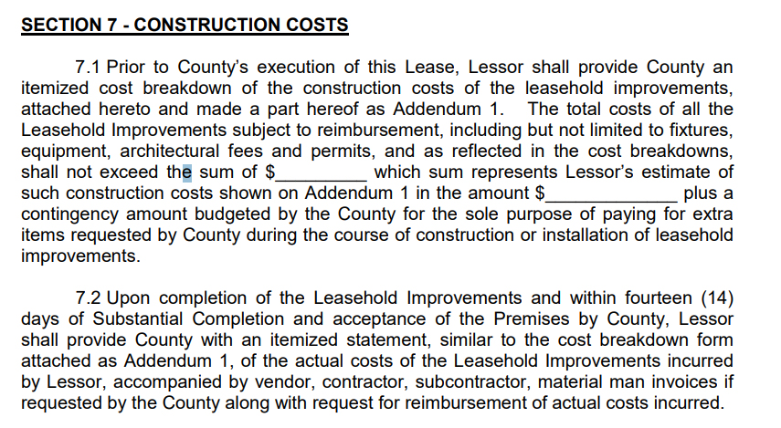 示例cost section from leasehold improvement agreement.