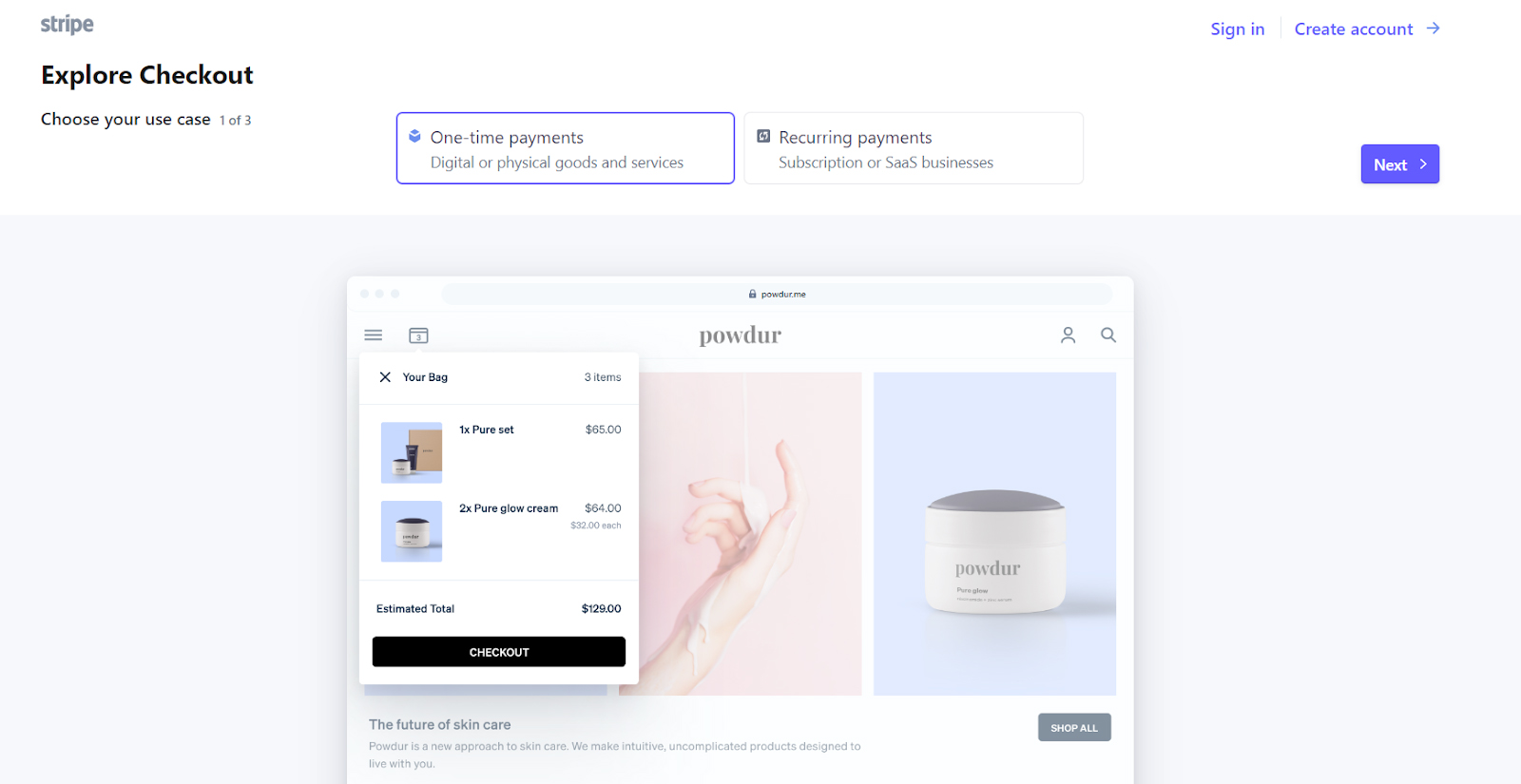 Stripe's Checkout page for one-time payments or recurring payments.