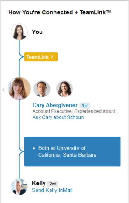 LinkedIn Sales Navigator用户如何使用TeamLink功能查看他们之间的相互联系的示例。
