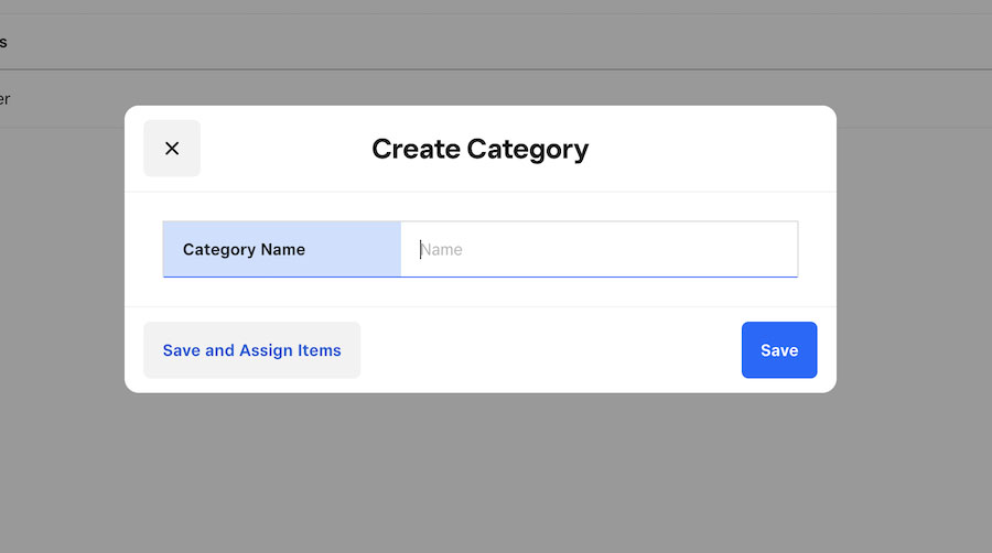 Create category form on Square for retail inventory management.