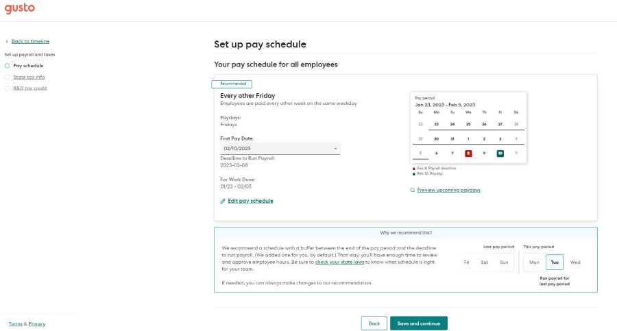 Gusto image showing Gusto's recommended pay schedule.