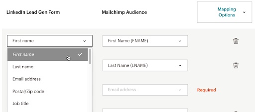 Mapping data fields from LinkedIn lead forms to Mailchimp.