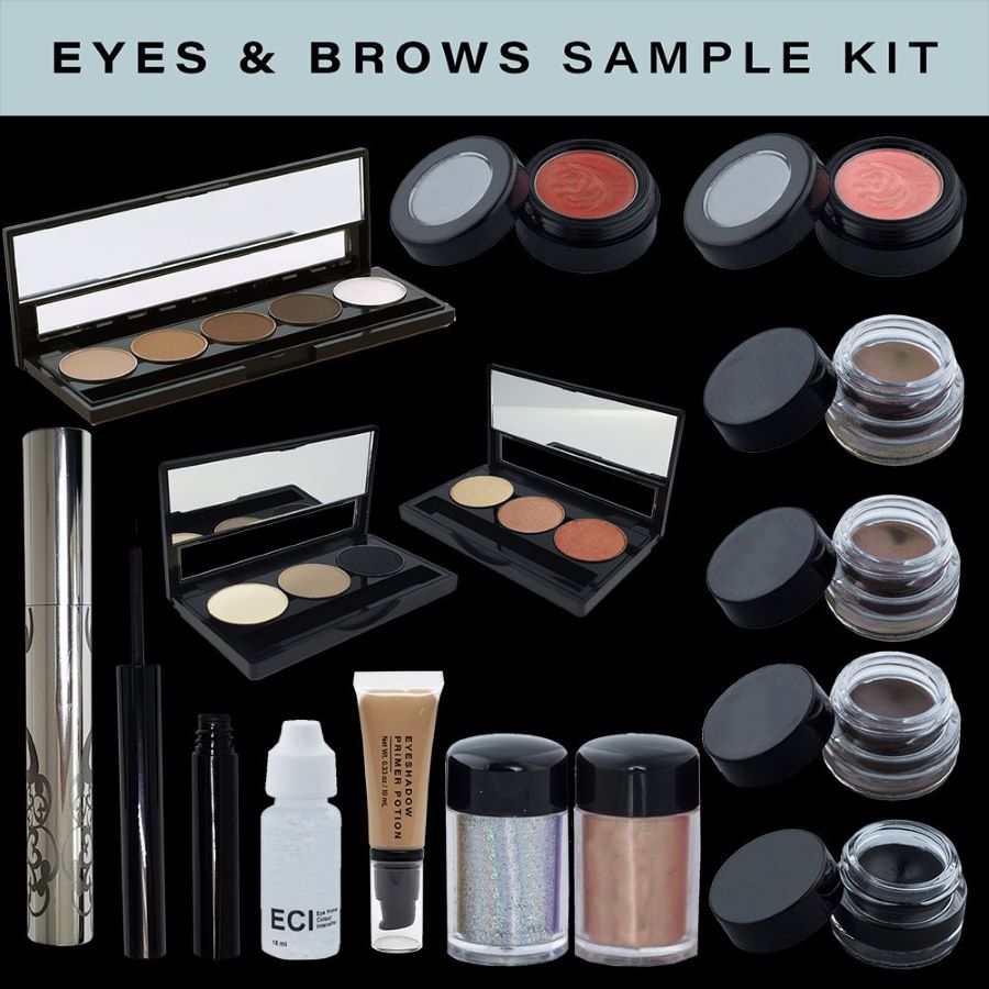 Fifteen makeup items, including eyeshadow palettes, pots of eyeliner, mascara tubes, and jars of glitter, arranged against a black background with a top banner that reads 