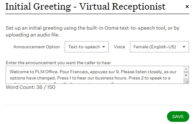 Ooma's virtual receptionist initial greeting option, which shows an input field for the auto attendant script