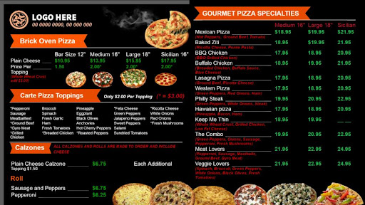 披萨菜单包括自制披萨和特色披萨。