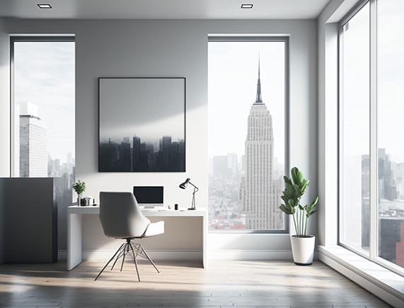 A home office that has large windows, with one providing a view of a tall building