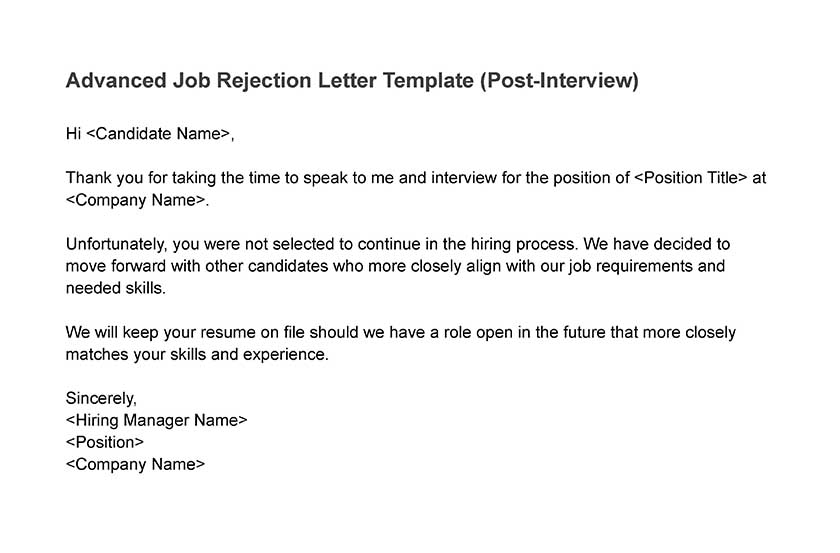 Job rejection letter post interview advanced template.