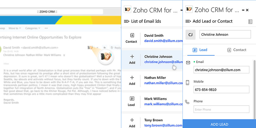 Managing a lead in Zoho CRM using the Outlook plugin