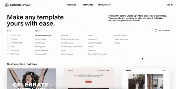 Templates screen of Squarespace's website