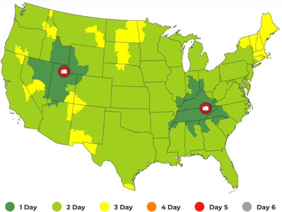 一张美国大陆地图，显示了红鹿在犹他州和田纳西州的仓库位置，以及每个区域可能的送货速度。