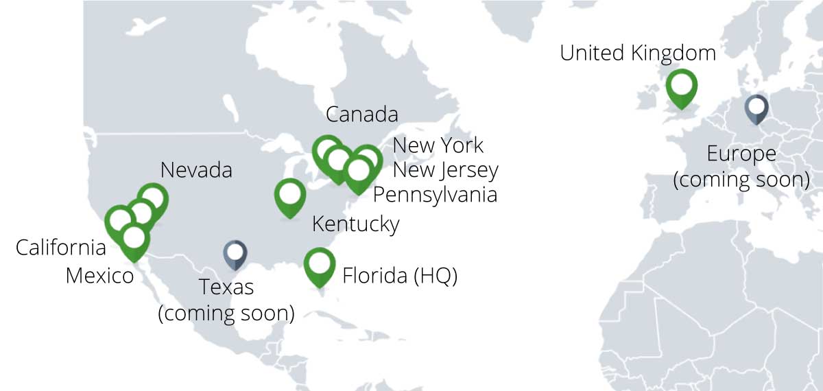 一张世界地图，显示ShipMonk的11个地点，每个地点都标有绿色的别针符号和名称，还有两个即将到来的灰色地点。
